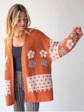 NATURAL LIFE Rust Orange Floral Open-Front Cardigan with Light Blue Accents